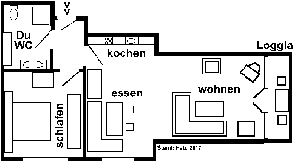 Diese Grafik zeigt den Grundriss der Ferienwohnung. Sie verdeutlicht die Raumaufteilung, damit Sie sich ein Bild der Räumlichkeiten dieser Dachwohnung in unserem Wohnhaus hier in Burhave machen können.