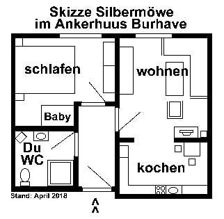 Dies ist eine vereinfachte Darstellung des Grundrisses der Silbermöwe. Sie ist ausreichend um Ihnen die Raumaufteilung der Ferienwohnung deutlich zu machen.